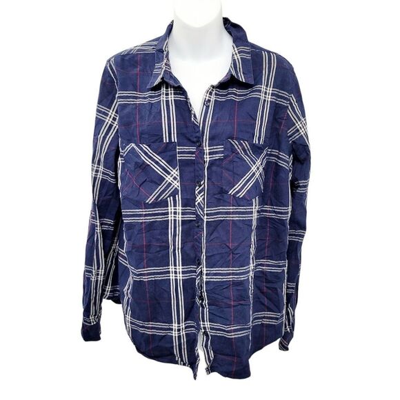 2/$20 Reitmans Navy Blue Plaid Pattern Buttons Down Shirt Top Size: XXL - Picture 1 of 8